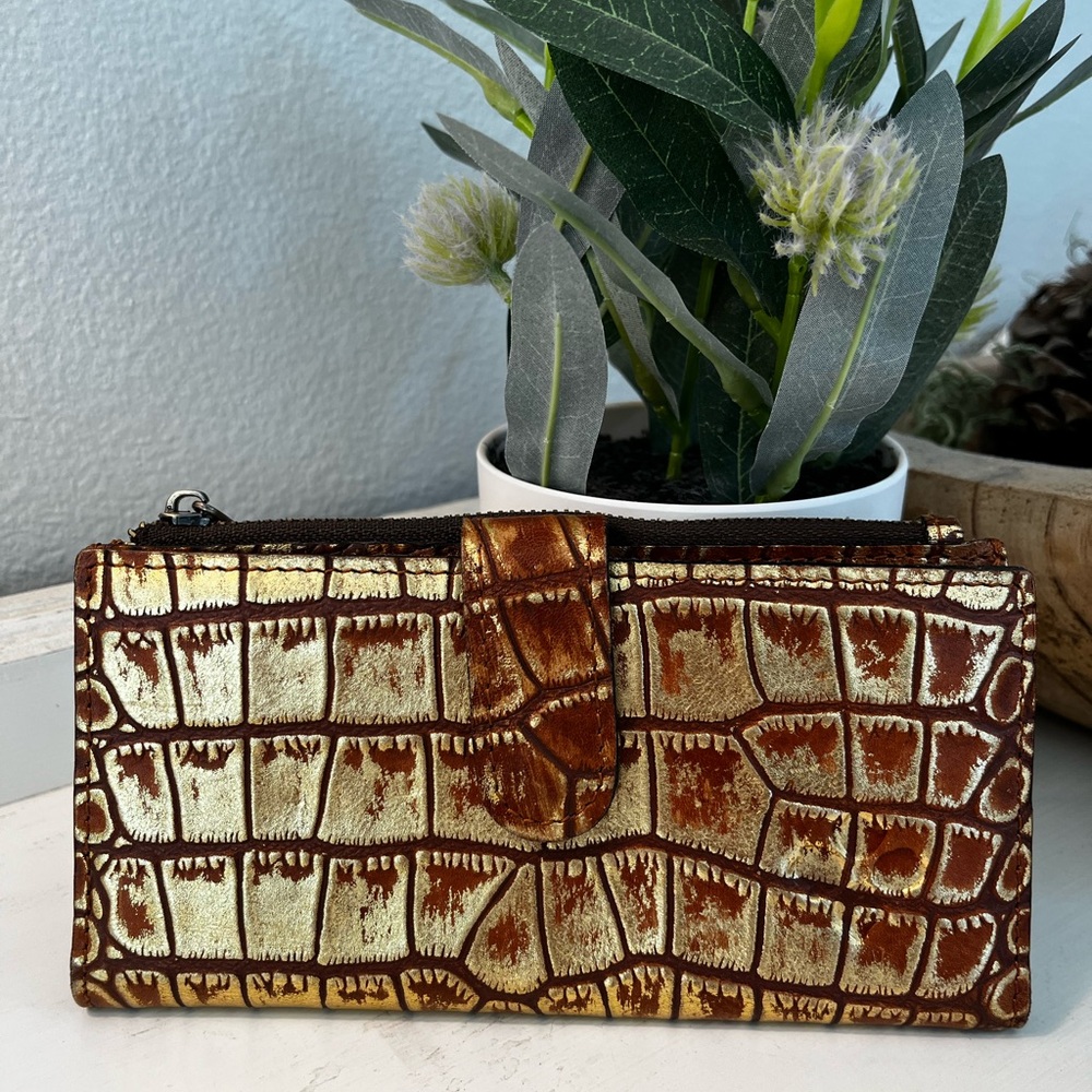 Patricia Nash Gold and Brown Croc-Embossed Wallet